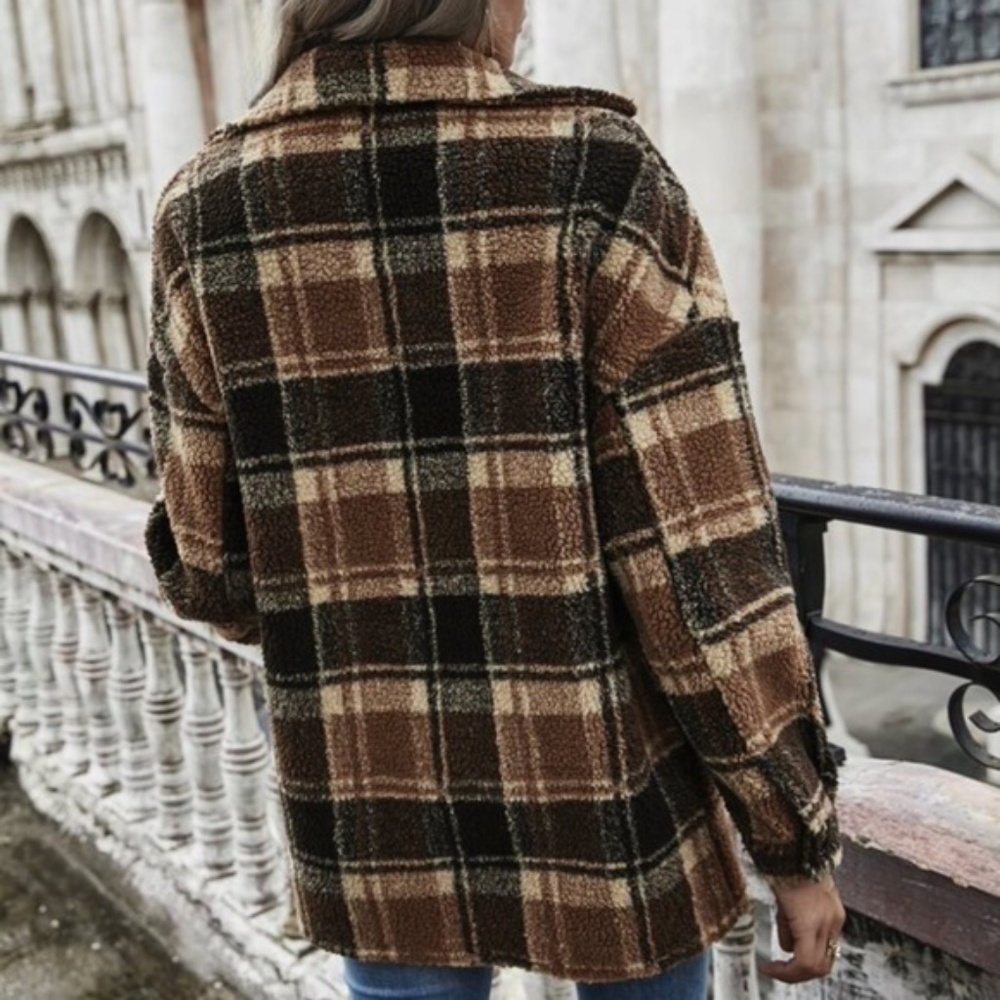 Cozy Brown Black teddy Jacket Coat Pockets - Picture 2 of 5